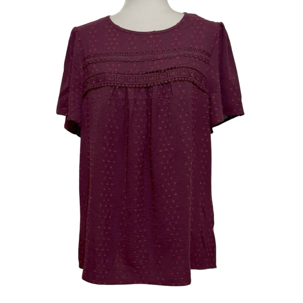 NWT Falechay Women Burgundy Swiss Dot Babydoll Blouse Lace Trim Flutter Sleeve